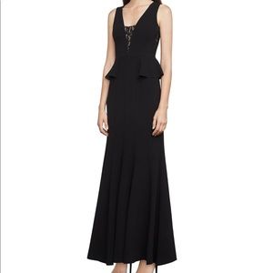 BCBG long black dress with lace inserts and peplum